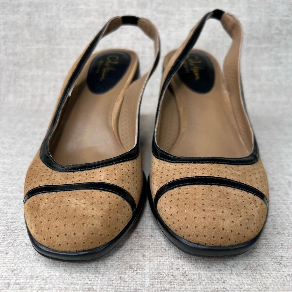 Cole Haan tan perforated suede & black patent‎ wedges heels size 6.5B slingback